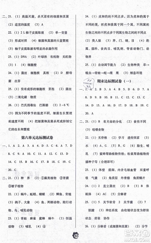 辽海出版社2021随堂小考八年级生物上册RJ人教版答案