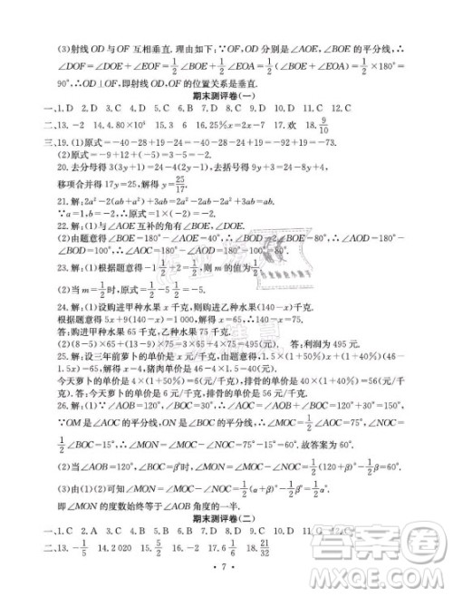 光明日报出版社2021大显身手素质教育单元测评卷数学七年级上册人教版答案