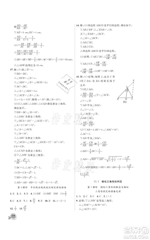 安徽大学出版社2021创新课堂创新作业本九年级上册数学沪科版参考答案