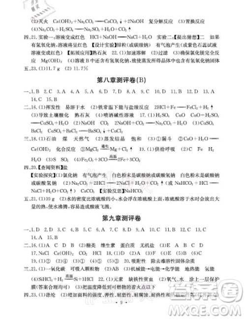 光明日报出版社2021大显身手素质教育单元测评卷化学九年级全一册科粤版答案