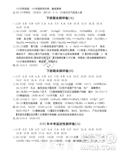 光明日报出版社2021大显身手素质教育单元测评卷化学九年级全一册科粤版答案