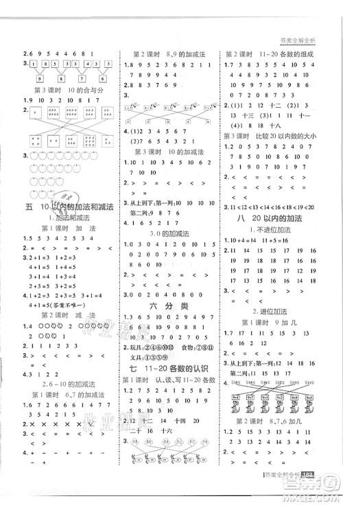 黑龙江教育出版社2021考点集训与满分备考一年级数学上册JJ冀教版答案