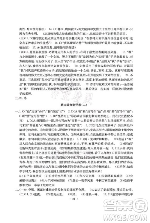 光明日报出版社2021大显身手素质教育单元测评卷语文九年级全一册检3河池专版答案