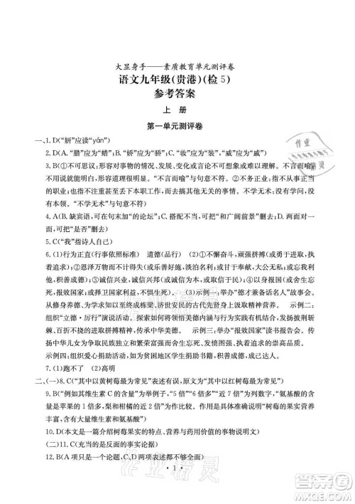 光明日报出版社2021大显身手素质教育单元测评卷语文九年级全一册检5贵港专版答案