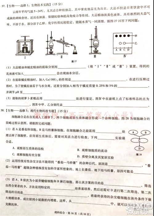 2022届云南三校高考备考实用性联考卷二理科综合试题及答案