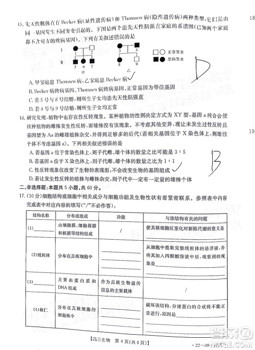 2022届福建金太阳高三期中考试生物试题及答案