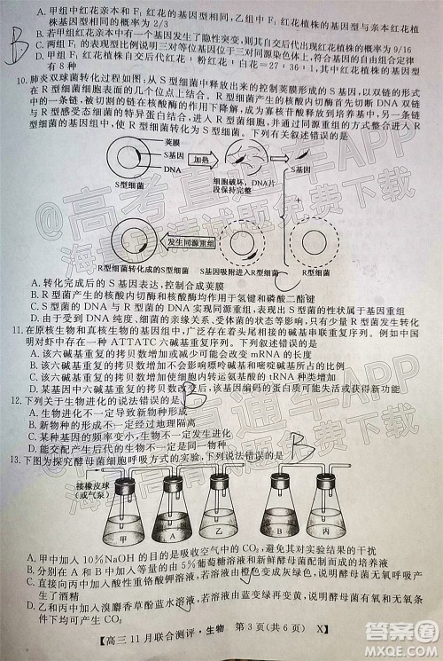 2022届福建高三11月联合测评生物试题及答案