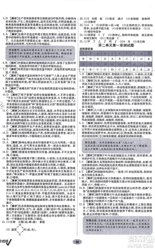 新疆青少年出版社2021海淀单元测试AB卷七年级生物上册人教版答案