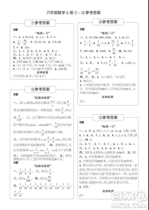 2021年时代学习报六年级上数学R版人教版9-16期参考答案