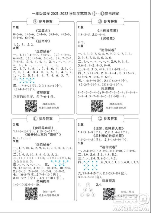 2021年时代学习报一年级上数学苏教版9-16期参考答案