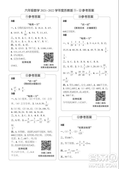 2021年时代学习报六年级上数学苏教版9-16期参考答案