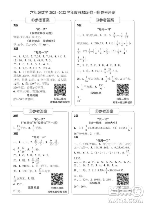 2021年时代学习报六年级上数学苏教版9-16期参考答案