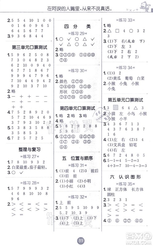 江苏人民出版社2021小学数学口算心算速算天天练一年级上册BSD北师大版答案