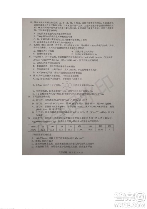 2021年11月温州市普通高中选考适应性测试高三化学试题参考答案