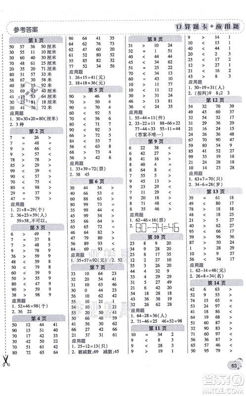 陕西师范大学出版总社有限公司2021倍速学习法口算题卡+应用题一日一练二年级数学上册RJ人教版黄冈专版答案