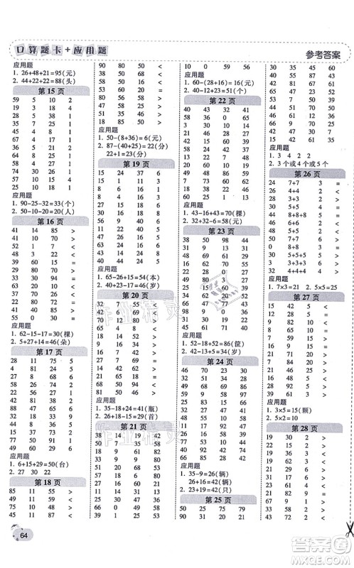 陕西师范大学出版总社有限公司2021倍速学习法口算题卡+应用题一日一练二年级数学上册RJ人教版黄冈专版答案