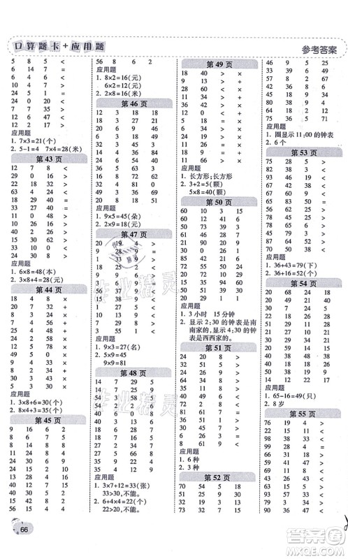 陕西师范大学出版总社有限公司2021倍速学习法口算题卡+应用题一日一练二年级数学上册RJ人教版黄冈专版答案