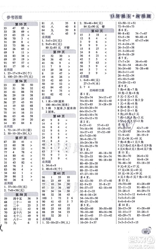 陕西师范大学出版总社有限公司2021倍速学习法口算题卡+应用题一日一练二年级数学上册BS北师版黄冈专版答案