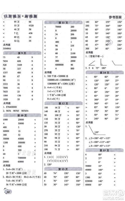 陕西师范大学出版总社有限公司2021倍速学习法口算题卡+应用题一日一练四年级数学上册RJ人教版黄冈专版答案