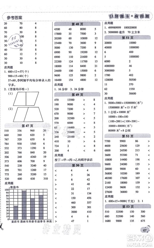 陕西师范大学出版总社有限公司2021倍速学习法口算题卡+应用题一日一练四年级数学上册RJ人教版黄冈专版答案