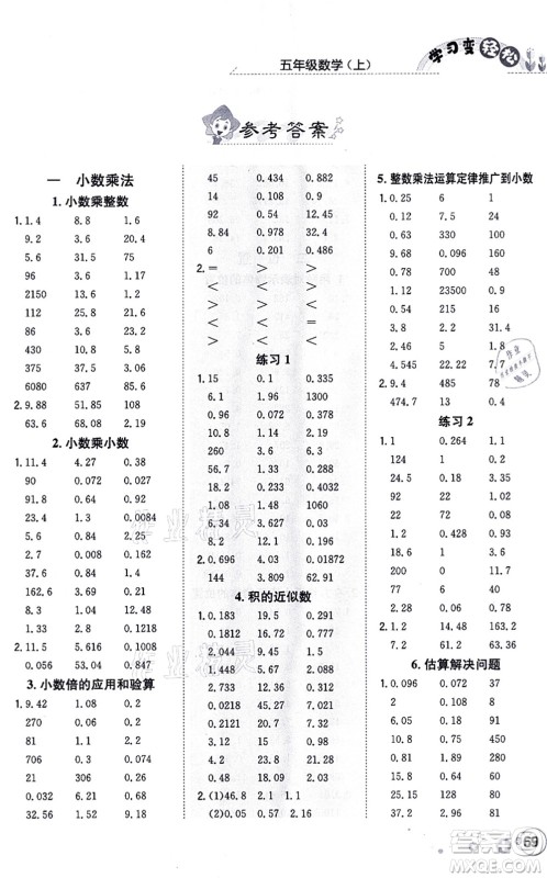 陕西人民教育出版社2021口算一本通五年级数学上册RJ人教版答案