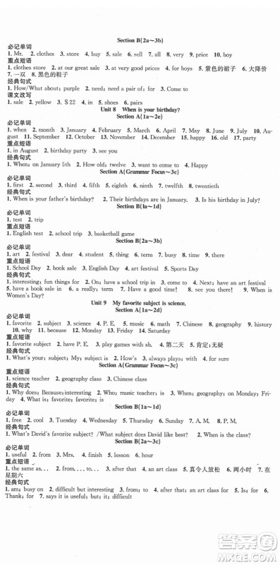 合肥工业大学出版社2021七天学案学练考七年级英语上册RJ人教版答案