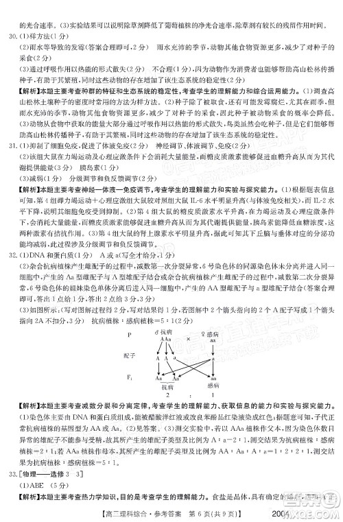 2022届金太阳百万联考2004高三理科综合试题及答案