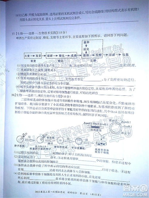 柳州市2022届高三第一次模拟考试理科综合试题及答案