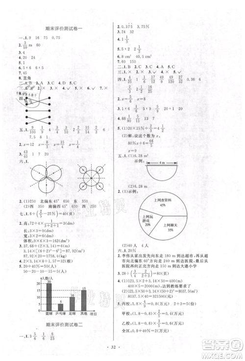 人民教育出版社2021小学同步测控优化设计六年级数学上册人教版新疆专版参考答案