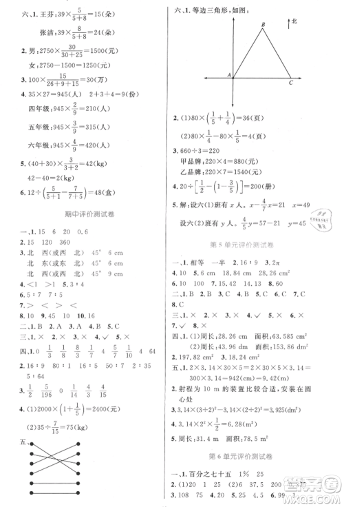 人民教育出版社2021小学同步测控优化设计六年级数学上册人教版增强版内蒙古专版参考答案