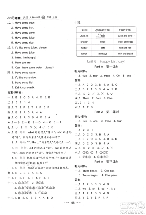 河北教育出版社2021小学霸七彩练霸三年级英语上册人教版参考答案