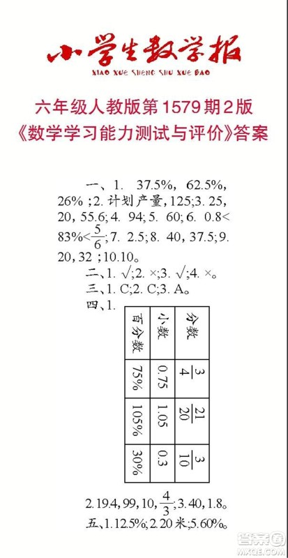 2021年小学生数学报六年级上学期第1579期答案