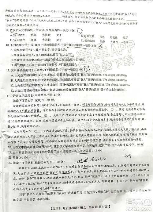 2022届九师联盟高三11月质量检测语文试题及答案