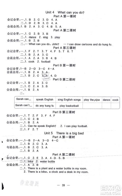 河北教育出版社2021七彩课堂五年级英语上册人教PEP版答案