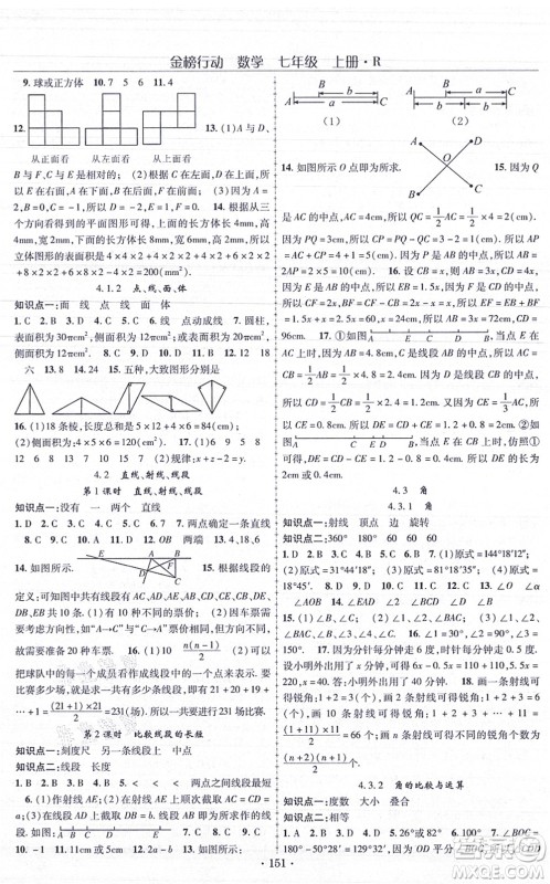 云南美术出版社2021金榜行动课时导学案七年级数学上册R人教版答案