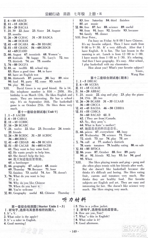 云南美术出版社2021金榜行动课时导学案七年级英语上册R人教版答案