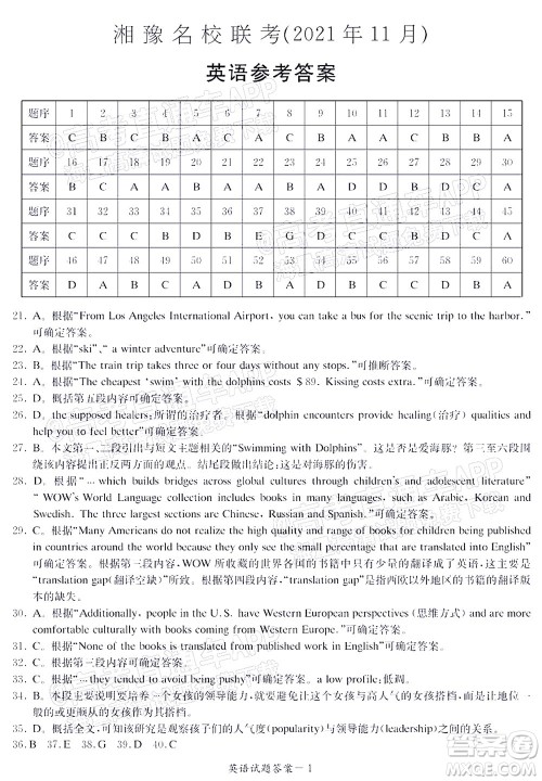 2021年11月湘豫名校联考高三英语试题及答案