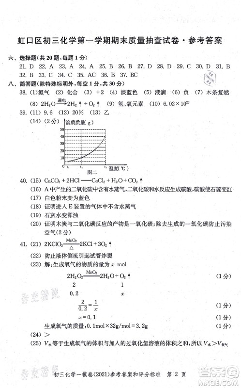 中西书局2021文化课强化训练一模卷九年级化学上册通用版答案