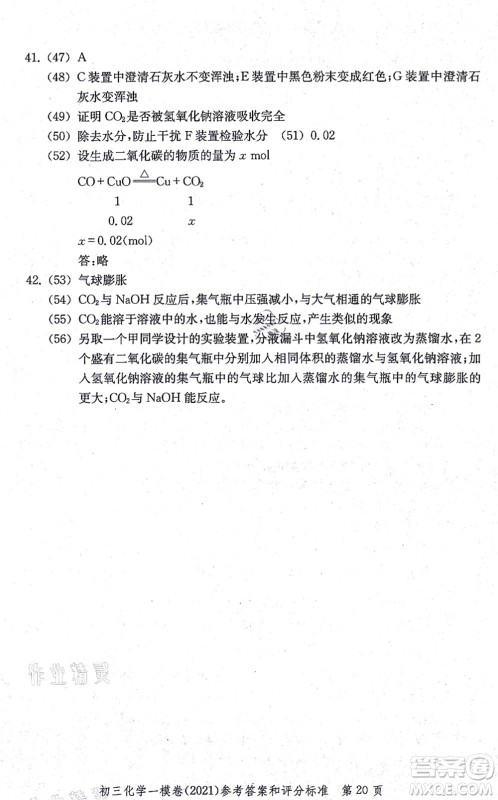 中西书局2021文化课强化训练一模卷九年级化学上册通用版答案