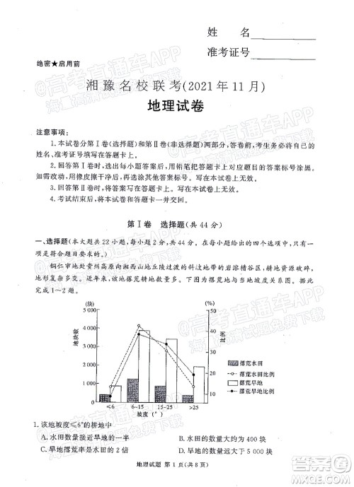 2021年11月湘豫名校联考高三地理试题及答案