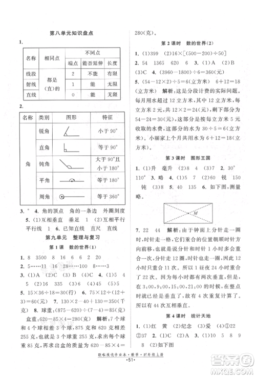 江苏凤凰美术出版社2021欧拉提优作业本四年级数学上册苏教版参考答案