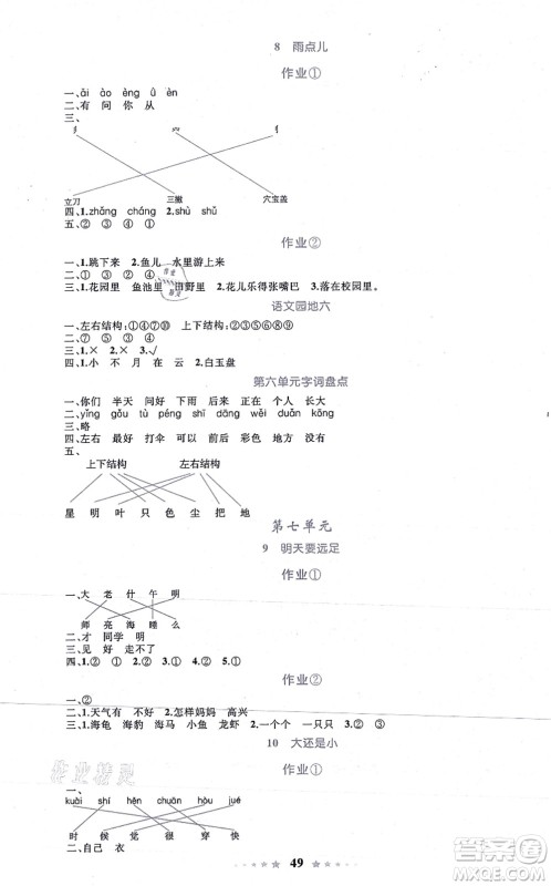 知识出版社2021小学同步测控全优设计超人天天练一年级语文上册RJ人教版答案