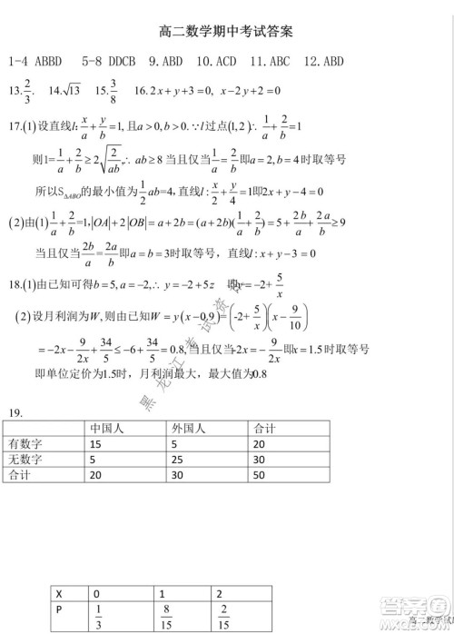 哈尔滨市第六中学2020级上学期期中考试高二数学试题及答案