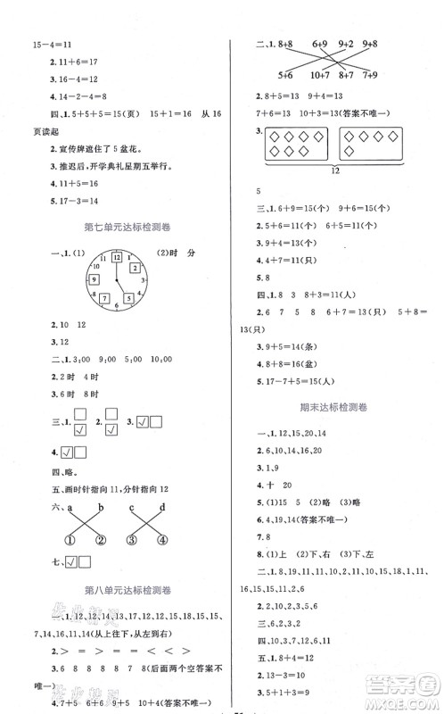 知识出版社2021小学同步测控全优设计超人天天练一年级数学上册RJ人教版答案