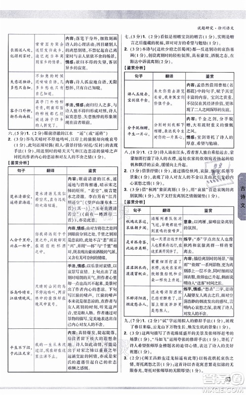 新疆青少年出版社2021万唯中考试题研究九年级语文徐州专版答案