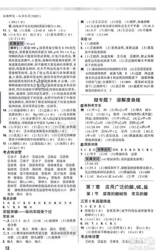 新疆青少年出版社2021万唯中考试题研究九年级化学SHJY沪教版江苏专版答案