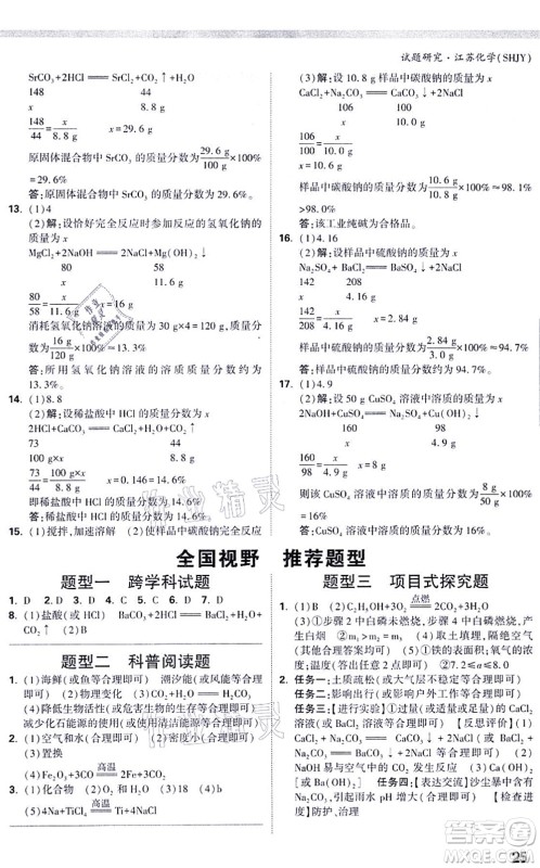 新疆青少年出版社2021万唯中考试题研究九年级化学SHJY沪教版江苏专版答案