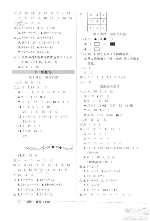 内蒙古少年儿童出版社2021细解巧练一年级数学上册人教版参考答案