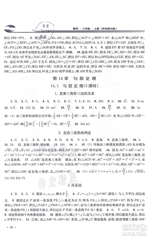 华东师范大学出版社2021学习检测八年级数学上册华东师大版河南专版答案
