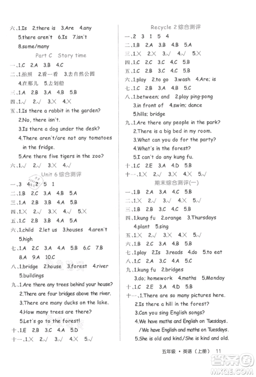 内蒙古少年儿童出版社2021细解巧练五年级英语上册人教版参考答案